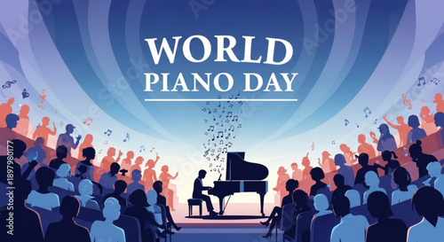 Pianist performing on grand piano at world piano day celebration with audience and music notes in vibrant atmosphere