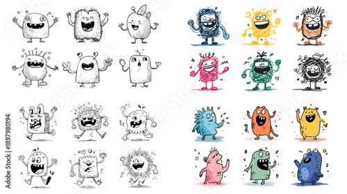 Cute cartoon monster characters with expressive poses and hand drawn style. Funny colorful creatures perfect for kids games stickers comics and playful illustration collections.