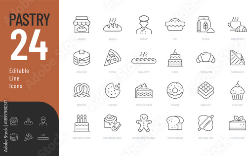 Pastry Line Editable Icons set. Vector illustration in modern thin style of food related icons: bread, cake, muffin, and more. Isolated on transparent background.
