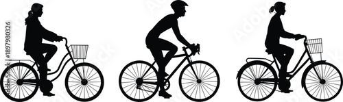 Silhouettes of three people riding bicycles on white background bike