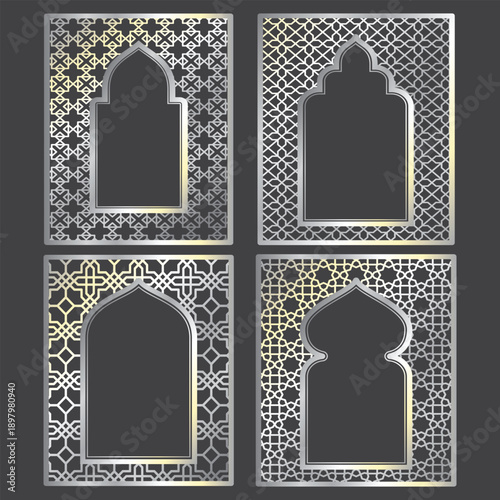 Set of Islamic Geometric Frames, Silver Moroccan Arch Windows, Arabic Ornament Vector Illustration