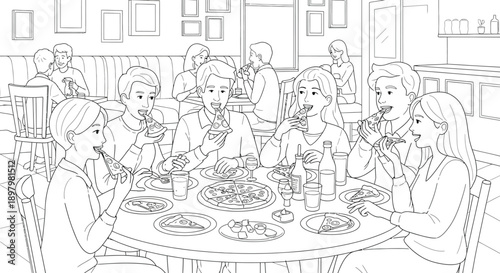 Diverse group of happy young adults enjoying a large shared pizza meal together around a circular table in a busy restaurant setting