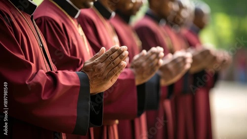 Group of men in clerical robes with hands clasped in prayer outdoors