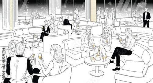 Diverse group of elegantly dressed adults socializing and enjoying champagne toasts within a sophisticated modern rooftop bar setting overlooking city lights