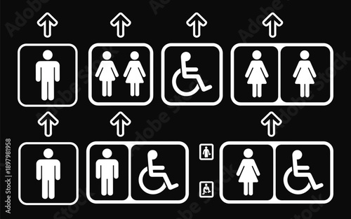 White Elevator Sign Icons on Black Background with Arrows symbol people