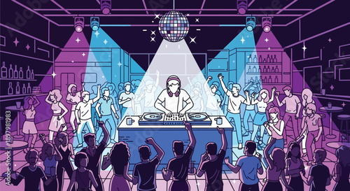 Energetic crowd dancing under disco lights at a nightclub while a focused disc jockey mixes music on turntables creating a vibrant atmosphere