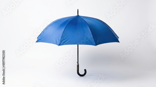 Blue umbrella with a curved black handle displayed upright in a studio setting isolated on a neutral background with png background