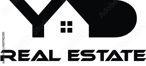 Minimalist logo featuring a house shape and text real estate