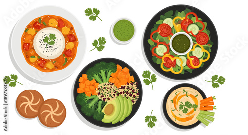 A vibrant vector illustration displays a wholesome feast of vegetable curry with rice, a fresh garden salad, a quinoa buddha bowl with avocado, creamy hummus with crudités, and patterned bread rolls