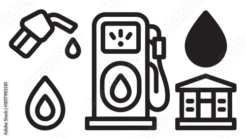 Black-and-white fuel icon set featuring energy, oil, and regulation symbols.