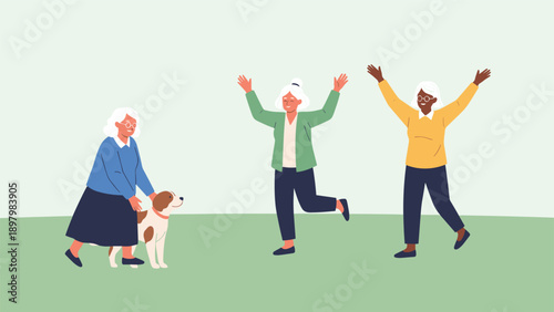 Three active senior women enjoying their retirement by dancing and laughing together in a green park with a friendly dog nearby in grass.