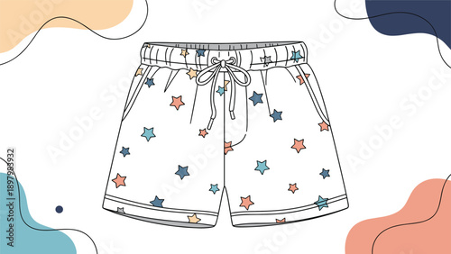 Front view of white casual shorts decorated with a colorful pattern of small stars and a drawstring waist against a colorful background.