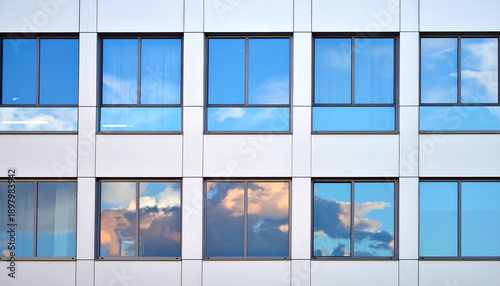 Building facade with symmetrical windows reflecting blue sky and clouds