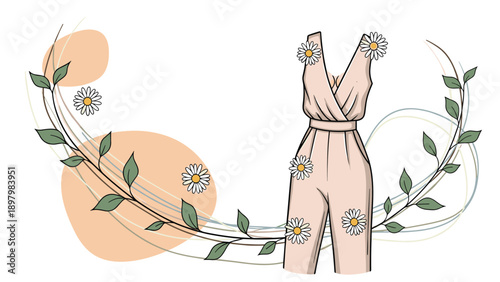 Fashionable beige sleeveless jumpsuit adorned with small white daisy flowers and surrounded by decorative leafy branches and circles.