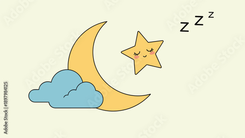 Cute crescent moon with a sleeping star and a blue cloud in a peaceful night sky cartoon illustration for nursery decor.