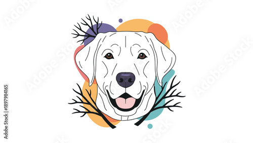 Cheerful portrait of a white labrador retriever dog with a smiling face and colorful abstract background elements.