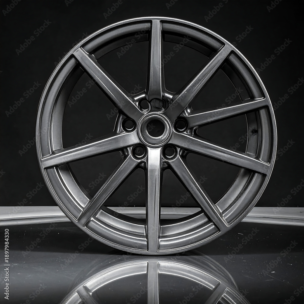 Obraz premium Metallic rim with thin spokes, centered view on reflective surface, dark backdrop