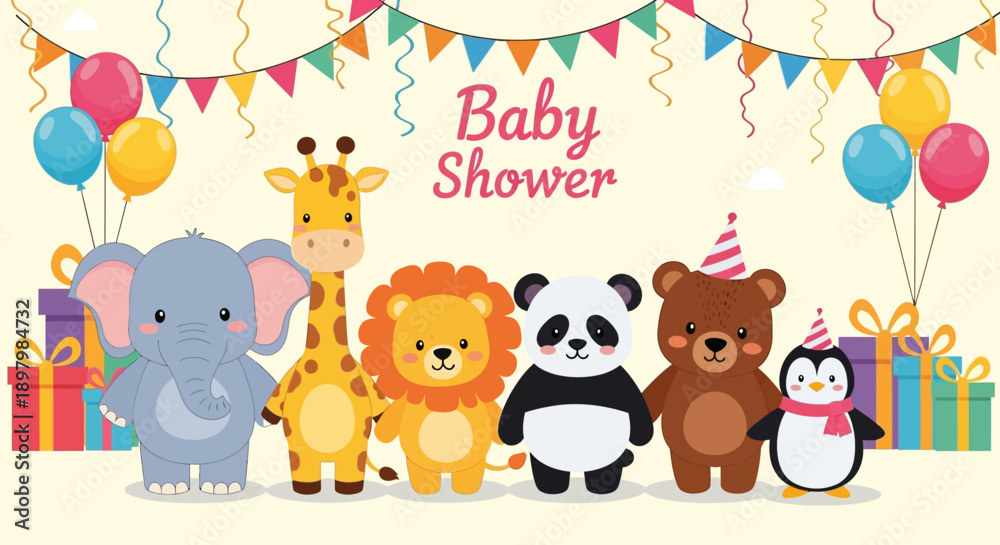 Fototapeta premium Flat lay of colorful cartoon animals celebrating a baby shower with gifts and balloons on a pale yellow background