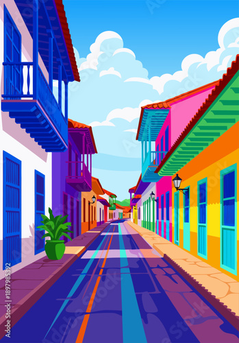 Vibrant Colombian Streetscape A Colorful Vector Illustration of an Alleyway with Balconies