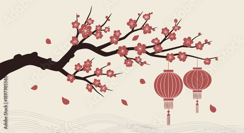 Beautiful cherry blossom branch with two traditional lanterns, a stunning vector illustration for festive occasions