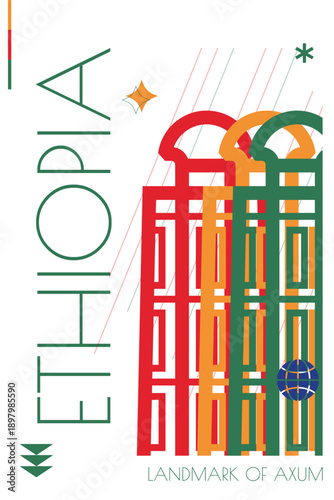 Ethiopia landmark poster in retro futurism style. Vintage printable vector cover, postcard, illustration. Futuristic, halftone Axum city art with iconic monument, obelisk