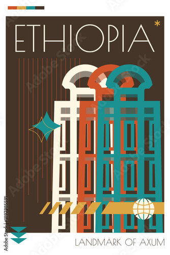 Ethiopia landmark poster in retro futurism style. Vintage printable vector cover, postcard, illustration. Futuristic, halftone Axum city art with iconic monument, obelisk