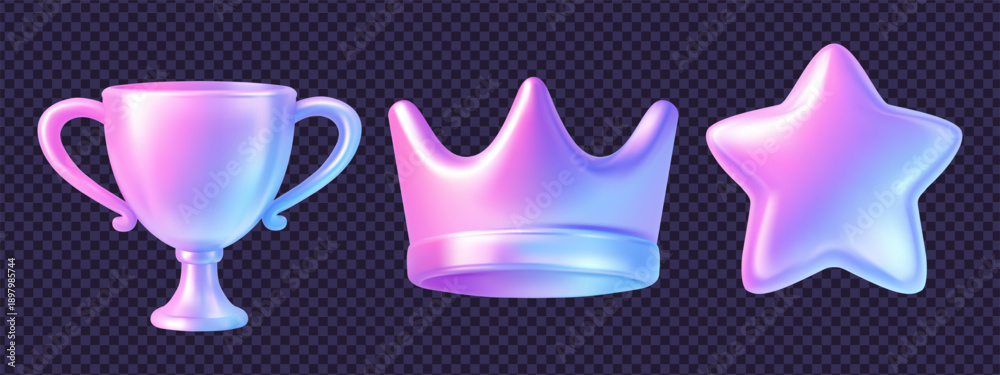Fototapeta premium Set of 3d y2k holographic icon elements in glass hologram style featuring a trophy, crown and star with iridescent shine and smooth gradient surfaces. Perfect for luxury 3d y2k icon designs.