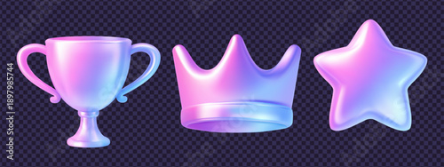 Set of 3d y2k holographic icon elements in glass hologram style featuring a trophy, crown and star with iridescent shine and smooth gradient surfaces. Perfect for luxury 3d y2k icon designs.