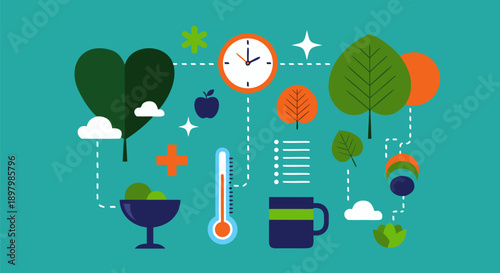 Healthy lifestyle concept vector illustration with health symbols and nature elements