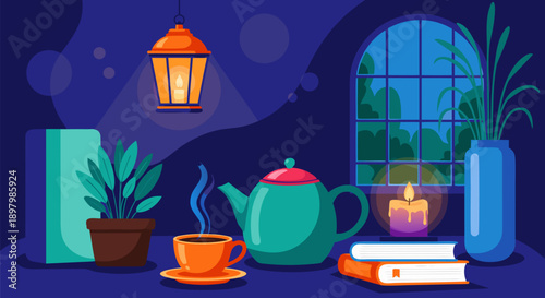 Cozy Evening Reading Illustration in Vector Format with a Hot Drink and Lamp