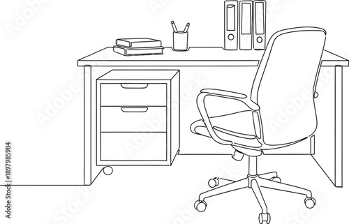 Continuous one line of an office desk with paperwork, symbolizing work, productivity, and organization, drawn vector illustration.