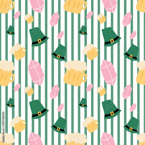St. Patrick’ s day concept. A jar of beer, a pink crystal, and a green hat on a line, green and white background, seamless pattern.