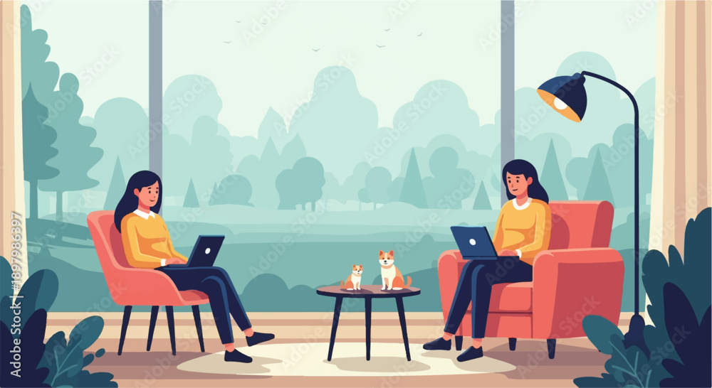 Fototapeta premium Two women working on laptops in comfortable armchairs with dogs on a table