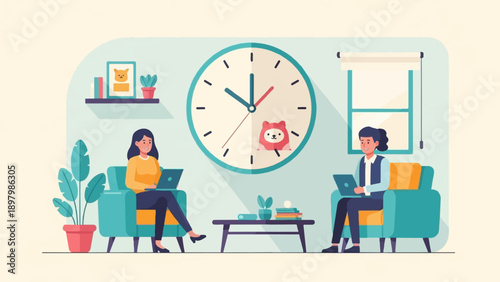 Two women working on laptops in a cozy room with a large clock