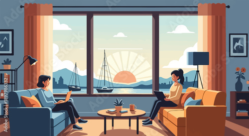 Two women working on laptops in a living room with a scenic ocean view