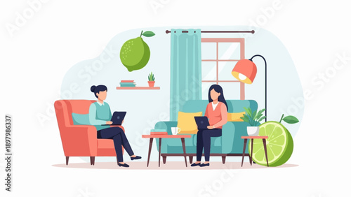 Two women working on laptops in a living room with large limes