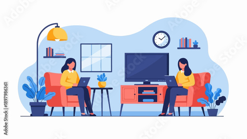 Two women working on laptops in a living room with plants and a TV