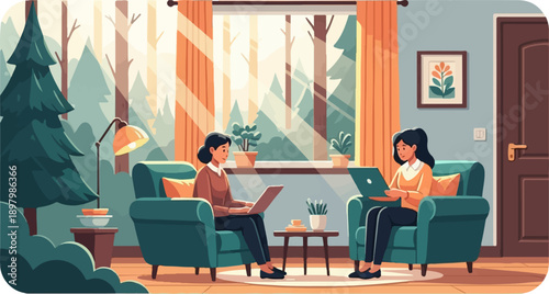 Two women working on laptops in a sunlit room with a forest view