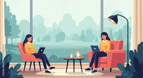 Two women working on laptops in comfortable armchairs with dogs on a table