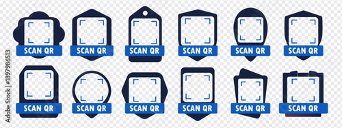 Set of qr code frame icon design templates for scan me graphics in flat blue style. These scan me frame shapes can be used for branding, UI or digital print layouts.