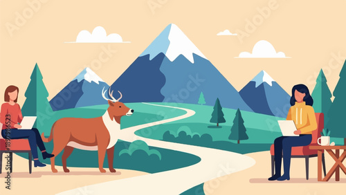 Two women working on laptops outdoors with a deer and mountains in background