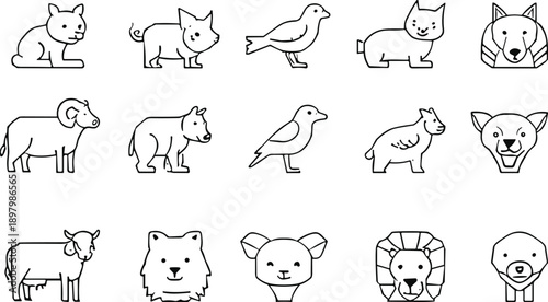 Animal line icons set, farm pet and wildlife animals, pig cow sheep bird fox vector outline illustration