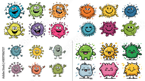 Cute fuzzy cartoon germ monsters with bright colors and smiling faces. Funny microbe characters perfect for children education health themes games and playful illustrations.