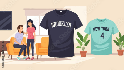 Two young women relax in a cozy living room with display t-shirts