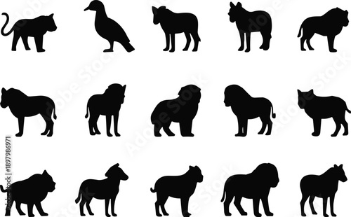 Black animal silhouettes collection, domestic and wild mammals icons, vector illustration set, isolated shapes for design, education, logos, infographics