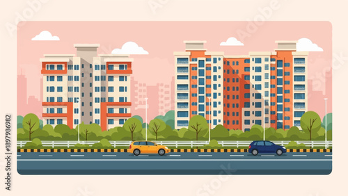 Urban apartment buildings with cars on road