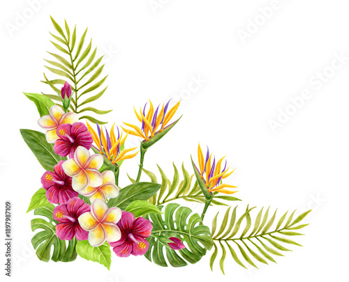 Tropical bouquet. Floral corner ornament. Watercolor painting with pink Hibiscus flowers and palm leaves isolated on white background. Tropic floral summer composition.