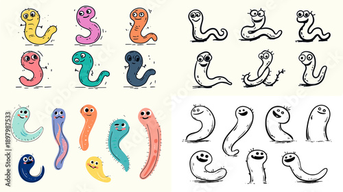 Cute cartoon worms and snake like characters in bright colors. Funny wiggly creatures with expressive faces ideal for kids illustrations games and playful design themes.