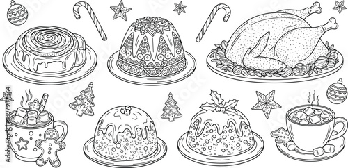 Christmas dessert line art set, holiday food illustration, pudding cake roast turkey cocoa, festive coloring page vector