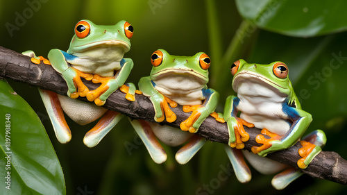 Three Bright Green Tree Frogs with Orange Feet on a Branch
